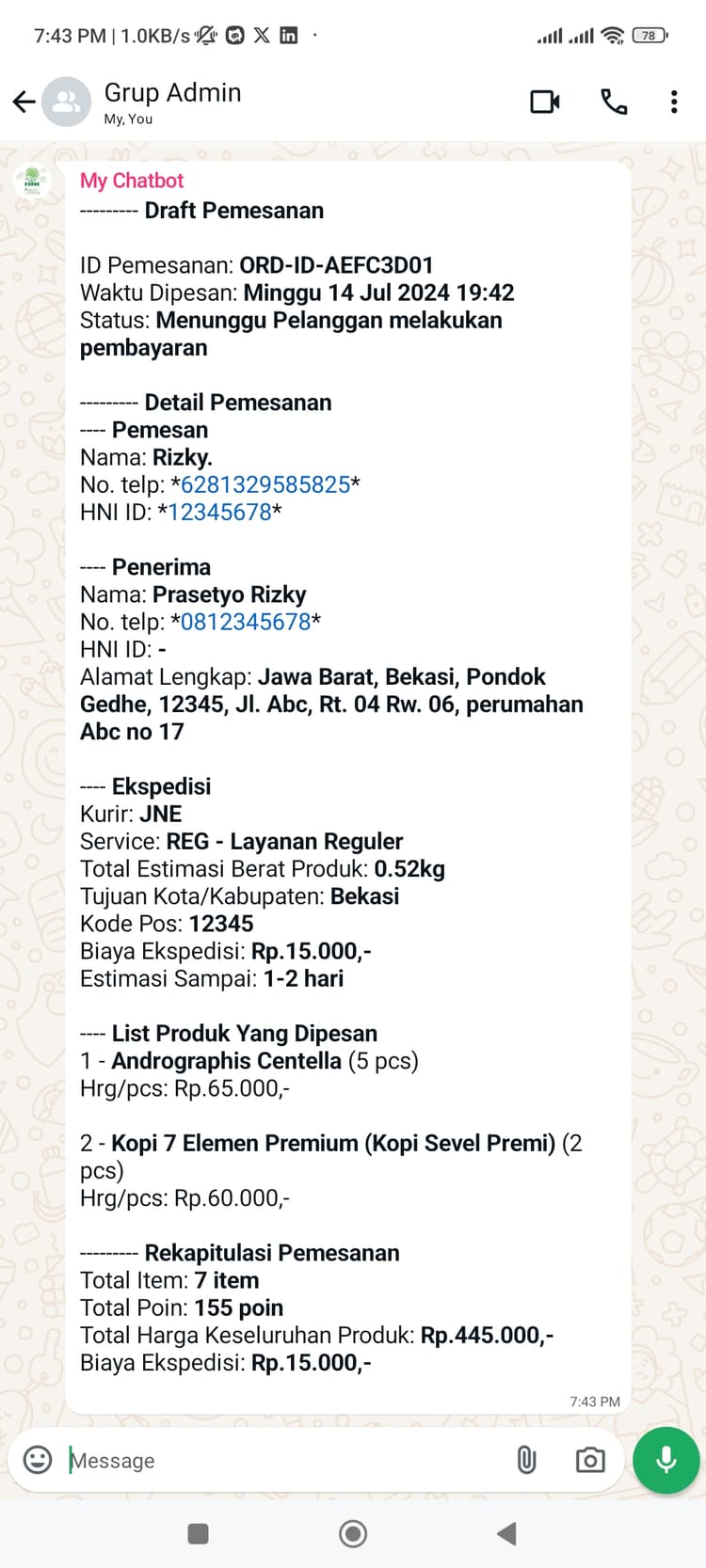 Hani Assistant - Admin receive order draft