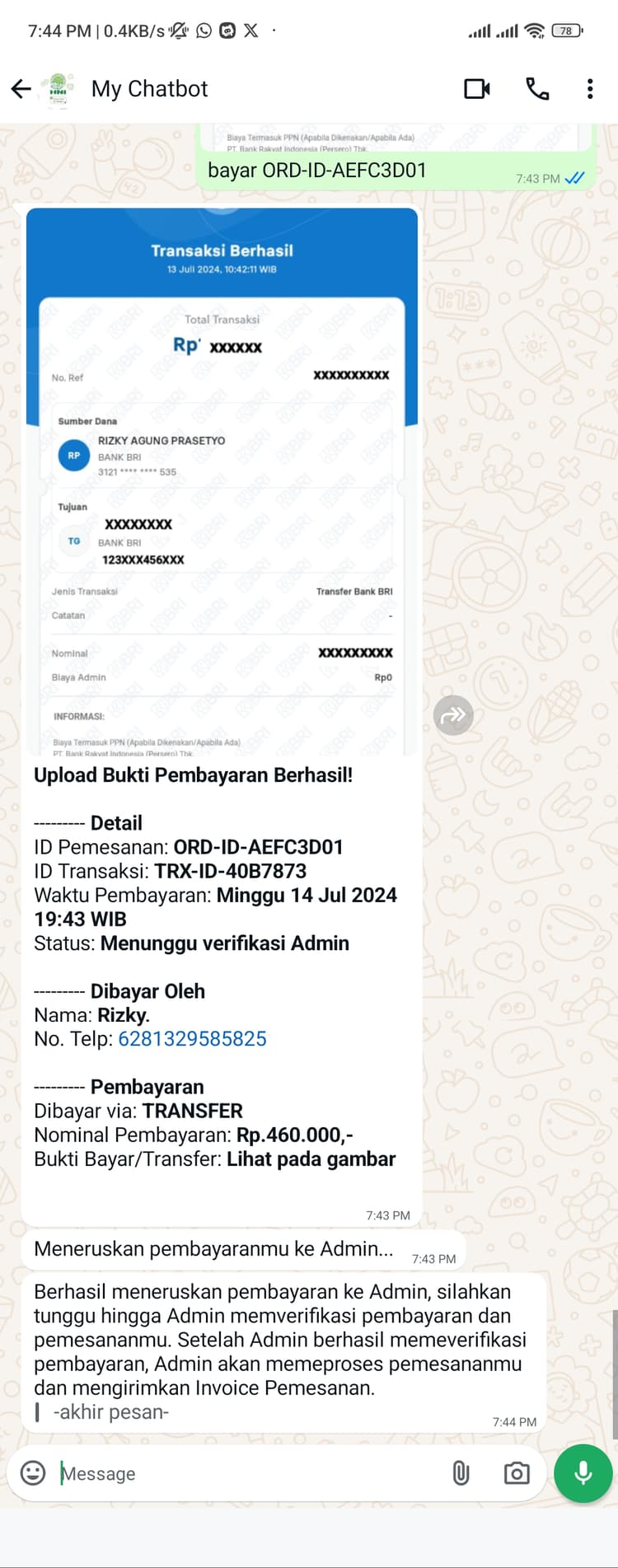 Hani Assistant - Forward payment to admin