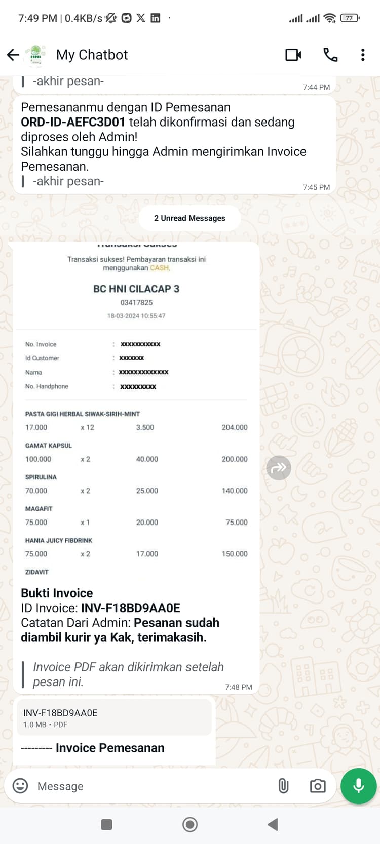 Hani Assistant - Customer receive order invoice