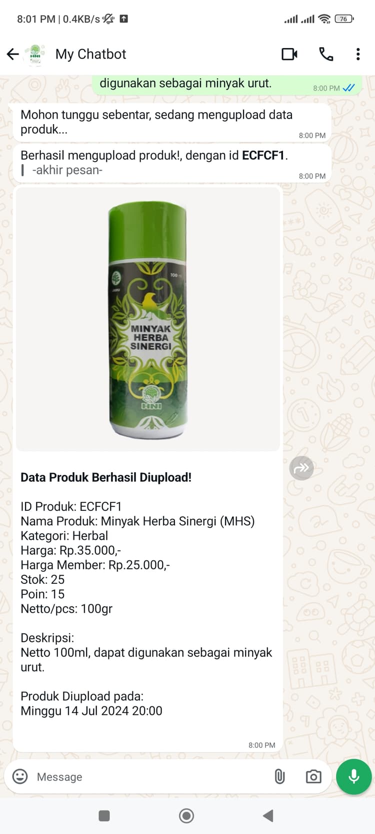 Hani Assistant - Upload product result